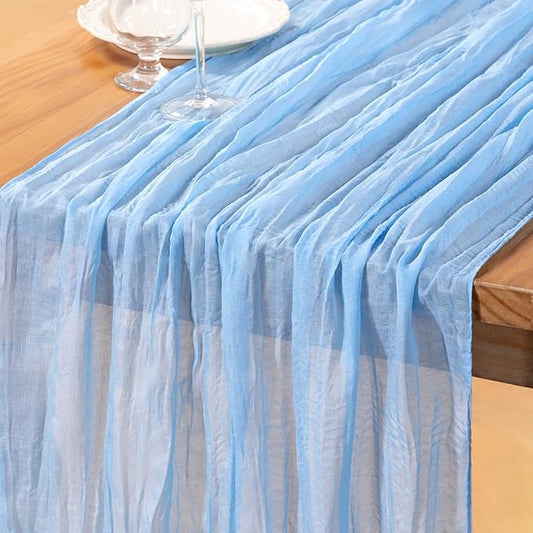 DeZerlor Baby Blue Cheesecloth Table Runner Spring Easter Table Runner Boho Gauze 120 Inches Light Blue Table Decor for Wedding Bridal Baby Shower Parties