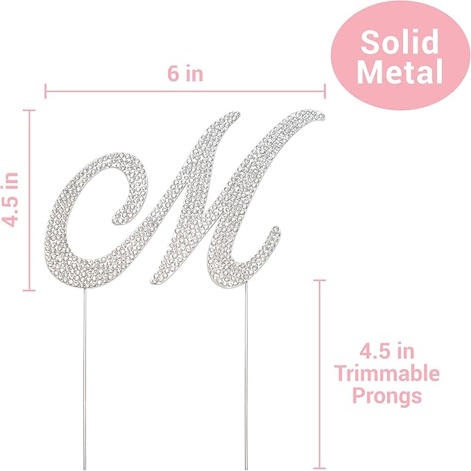 Letter M Cake Topper - Premium Silver Metal - M Monogram Wedding or Anniversary Party Sparkly Rhinestone Initial Decoration Makes a Great Centerpiece - Now Protected in a Box