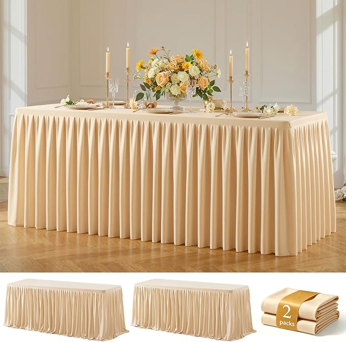 Dark Champagne Polyester Table Cloths for Rectangle 6 Foot Tables, 2 Pack Wrinkle Free Tablecloths Stretchy Banquet Ruffle Fitted Table Cover Desk Skirt for Parties Wedding Birthday Baby Shower