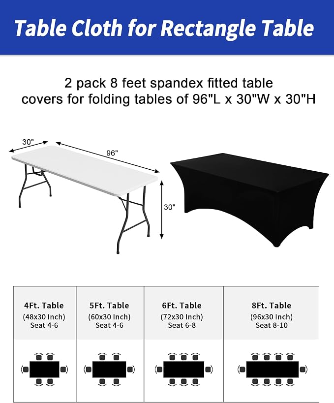 Fixwal Black Tablecloths for 8 Foot Rectangle Tables, 2 Pack Spandex Stretch Fitted Table Covers for Party, Trade Show, Banquet, Wedding, Buffet