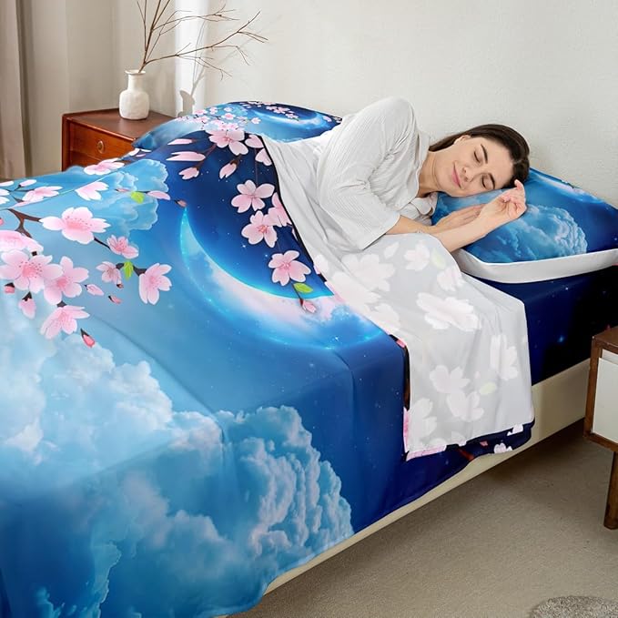 Castle Fairy Moon Fitted Sheet Set with 2 Pillowcase,Pink Cherry Blossom Bright Moon Planet,Soft Cool Hotel Top Flat Sheet Luxury Microfiber,Queen Size