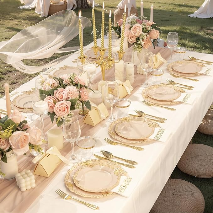 Ciaell 175 PCS Pink and Gold Plastic Plates - Fancy Gold Disposable Dinnerware Set with of 50 Plates, 25 Knives, 25 Forks, 25 Spoons, 25 Cups, 25 Napkins for Party & Weddings & Mother's Day