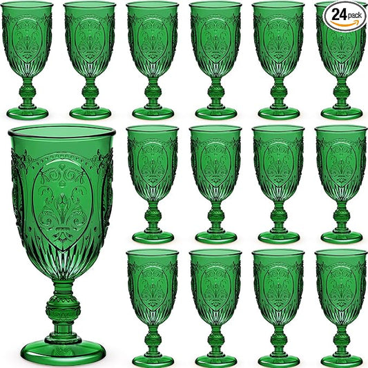 Wiwiqing 24 Pcs Plastic Goblets 7.5oz Vintage Goblet Plastic Wine Glasses Colored Retro Embossed Water Goblets for Wine Bar Juice Baby Shower Wedding Reception Grand Event Party (Dark Green)