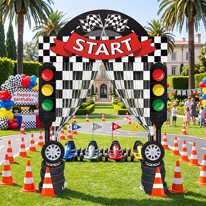 Peryiter 5 Pcs Race Car Birthday Party Decorations, Race Car Party Decorations Include Checkered Flag Arch Traffic Light Cutouts Tinsel Curtains Double-sided Tape for Racing Photo Booth Event Backdrop