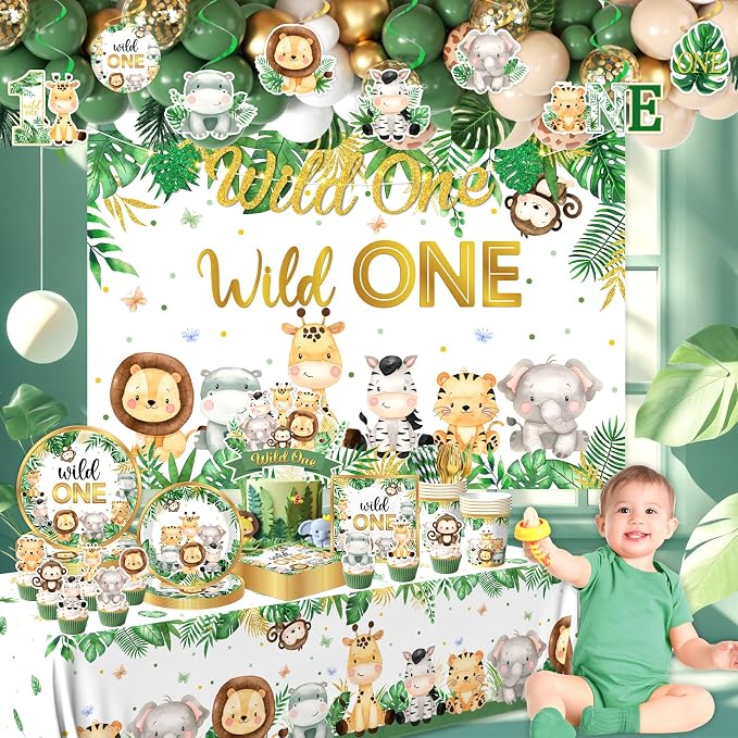 Wild Birthday Decorations,Safari Birthday Decorations 277Pcs Wild Plates and Napkin Sets Banner Backdrop Tablecloth Cake Topper Balloon Garland for Jungle 1st birthday Decorations