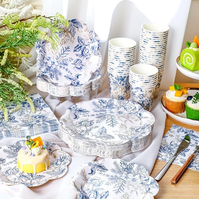 Newtay 250 Pcs Blue Floral Disposable Plates and Napkins Blue Gold Disposable Tableware Set for 50 Guests Paper Plates Napkins Cups for Wedding Bridal Shower Supplies