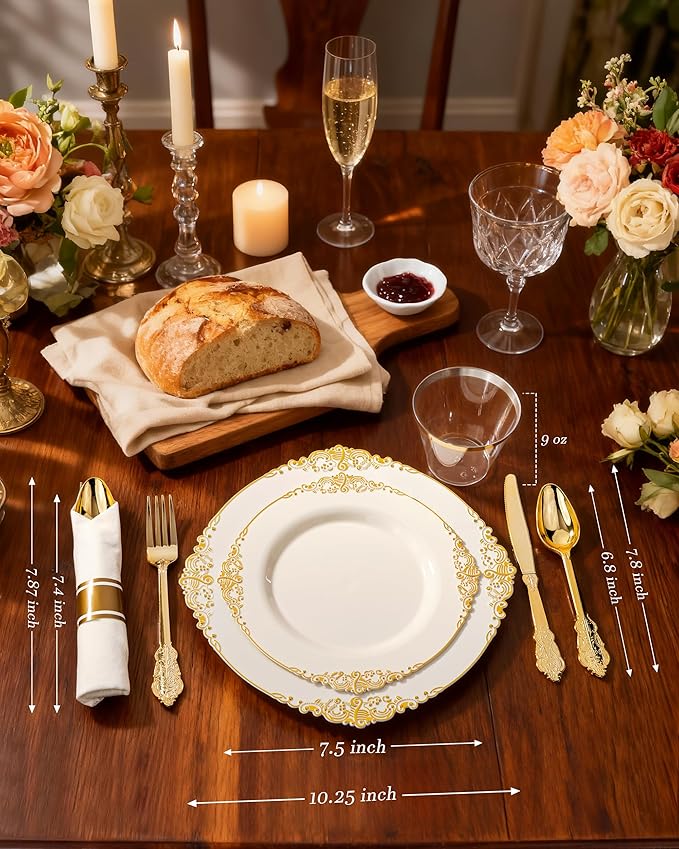 Nervure 175PCS Ivory Plastic Plates - Ivory Gold Plastic Dinnerware Sets for 25 Guests - 50 Gold Disposable Plates, 25 Pre Rolled Cutlery Set, 25 Cups Perfect for Wedding, Party & Mothers Day