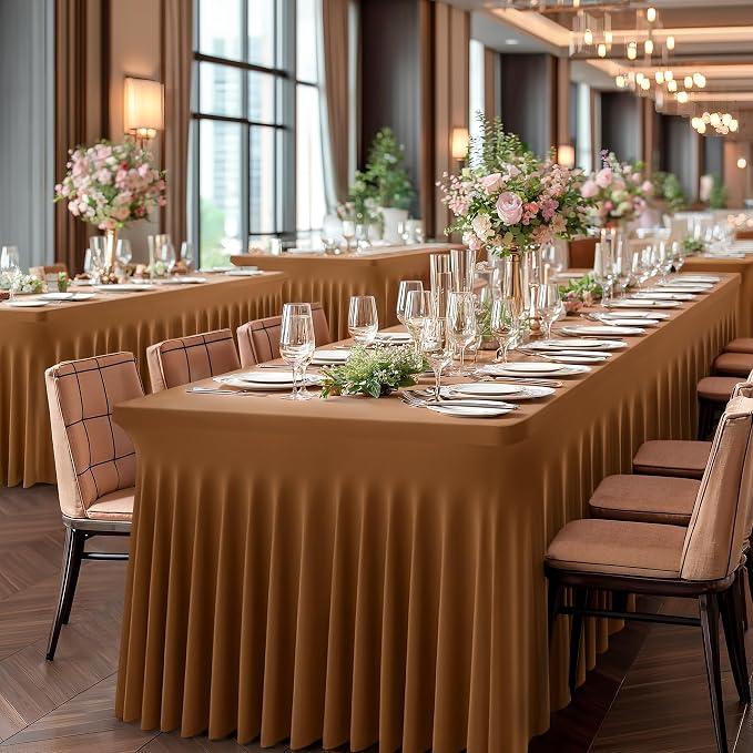 2 Packs Brown Spandex Tableclothes for 4 Foot Rectangle Tables, Wrinkle Free 4ft Fitted Table Cover Stretch Table Cloth Desk Skirt for Weddings Baby Shower Birthday Party Banquet Decorations