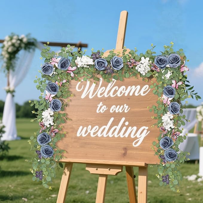 2Pcs 5.9 Ft Artificial Rose Vine Fake Flower Garland Blue Rose Hydrangea Vines with 3D Butterflies Hanging Floral Eucalyptus Garland for Wedding Party Background Arch Table Wall Home Decor