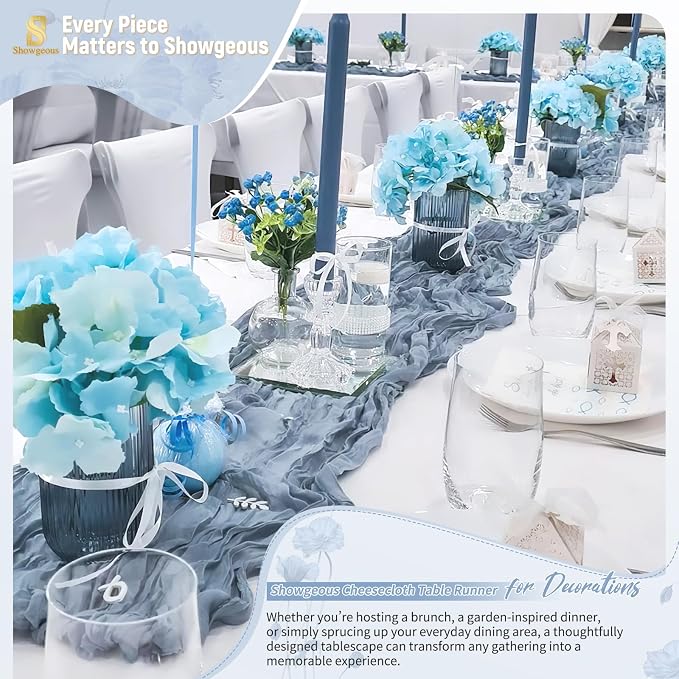 4 Pack Dusty Blue Cheesecloth Table Runner 17 x 108 inch Boho Gauze Table Runner Rustic Sheer Cheese Cloth Table Decorations for Wedding Party Baby Bridal Shower Birthday Holiday Home