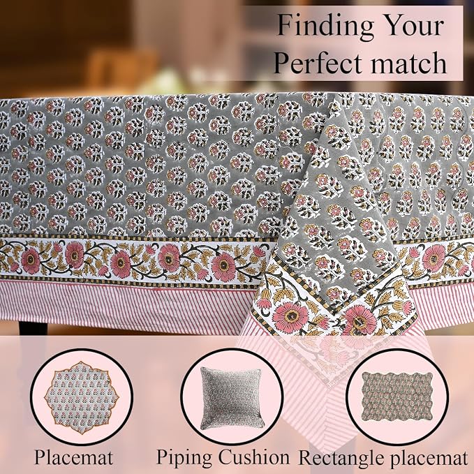 CPC Tablecloth 100% Cotton 70x118 Inch Indian Block Print Rectangle Table Cover, Table Cloth for Weddings, Spring/Summer, Barbeque - Labra Gray