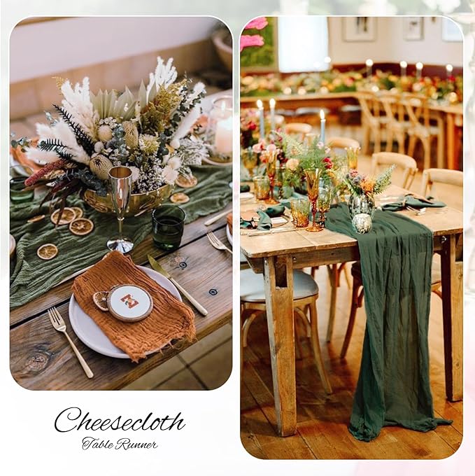18 Pack Deep Green Cheesecloth Table Runner Gauze Table Runner 10FT Long Semi-Sheer Table Runner Boho or Rustic Wedding Table Decor for Wedding Decor Arch Draping Bridal Shower Holiday Party