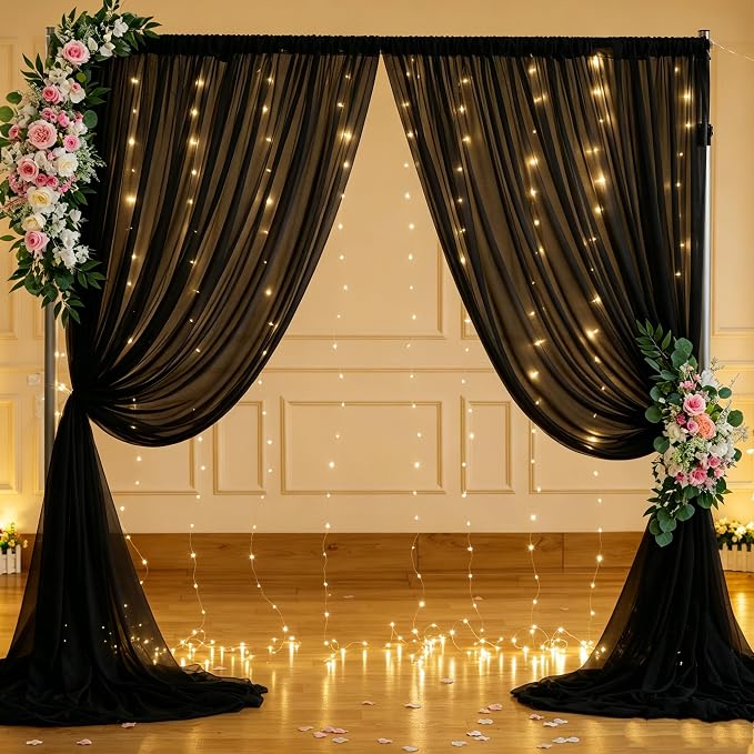 10ft x 10ft Black Chiffon Backdrop Curtain with Lights String for Parties,2 Panels Sheer Tulle Curtain Wedding Backdrop for Baby Shower Birthday Party Ceremony Reception Home Decorations