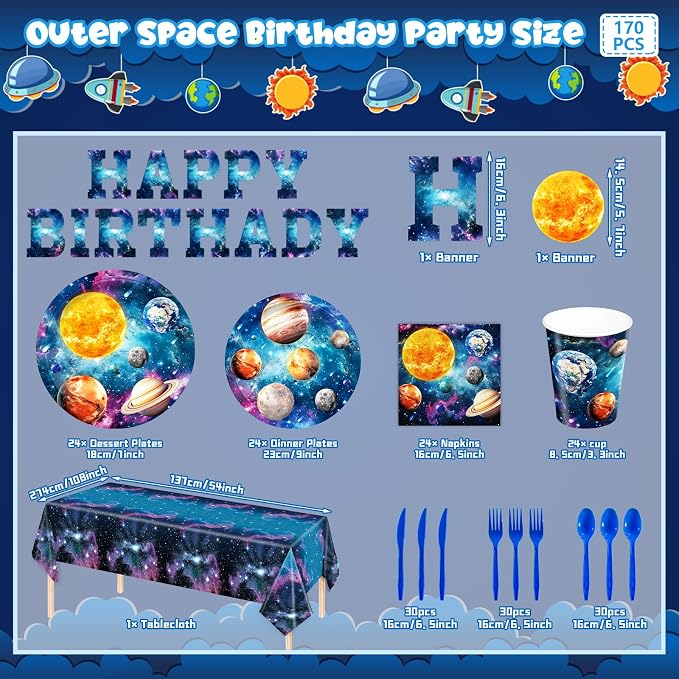 170pcs Outer Space Birthday Party Decorations Space Party Plates Napkins Tableware Set Solar System Disposable Cups Dinnerware Happy Birthday Banner Tablecloth for Kids Boys Party Supplies 24 Guests