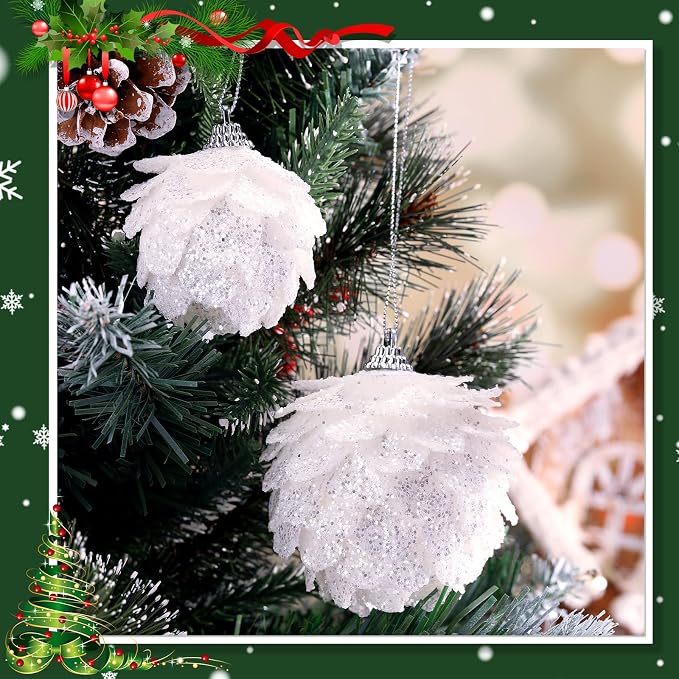 Sratte 8 Pcs Valentine Ball Ornaments Artificial Pinecone Hanging Ornaments Glitter Winter Faux Flower for Xmas Decor, 3.15/2.36 Inch(White)