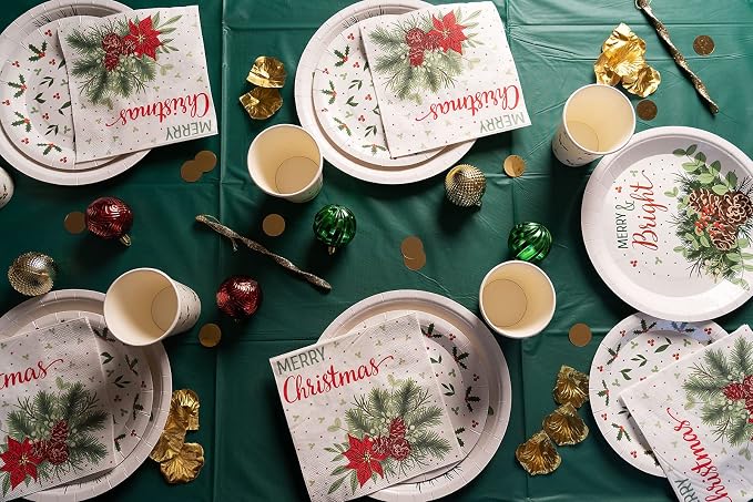 Traditional Christmas Tableware Pack: Disposable Paper Plates, Napkins and Cups Set for 20
