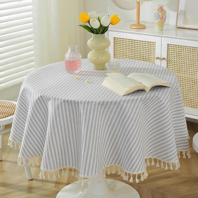 meioro Striped Tablecloth Round Tablecloths Cotton Blend Table Cloth Washable Tabletop Decorative Fabric Table Cover for Kitchen Dinning (Grey, Round 60 Inch)
