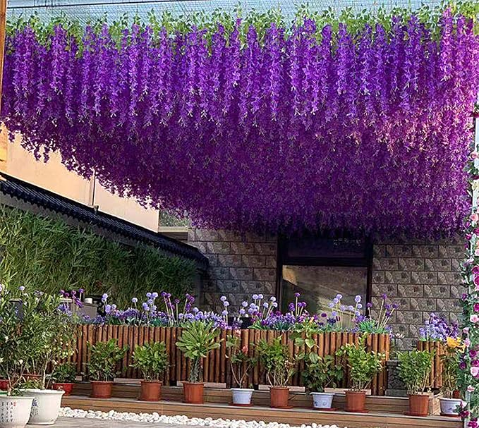 Artificial Wisteria Hanging Flowers Fake Wisteria Flower Garland Silk Vines Rattan Decor for Home Wedding Arch Wall Garden Greenery Bedroom Outdoor Office Party Decoration (24, Light Purple)