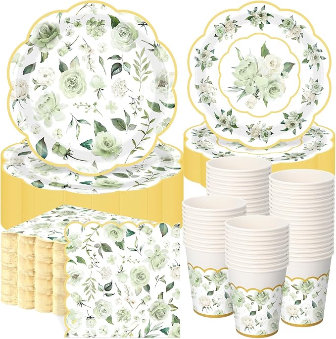 Funnymoom 250 Pcs Floral Party Decorations Flower Paper Plates Napkins and Cups Green and Gold Floral Disposable Tableware Set for Bridal Shower Baby Shower Wedding Spring Tea Party Supplies Serves 50
