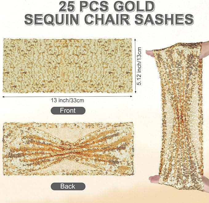 Windyun 50 Pcs Stretch Spandex Folding Chair Cover and Sequin Chair Sashes Set, 25 Double Sided Sequin Bows and 25 Universal Washable Protector for Wedding Banquet(Black, Gold)