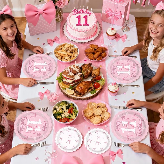 96Pcs Pink Bow Party Supplies Coquette 11th Birthday Party Plates and Napkins Disposable Bow Themed Tableware Set for Girl Happy 11th Birthday Graduation 2026 Decorations, Serves 24