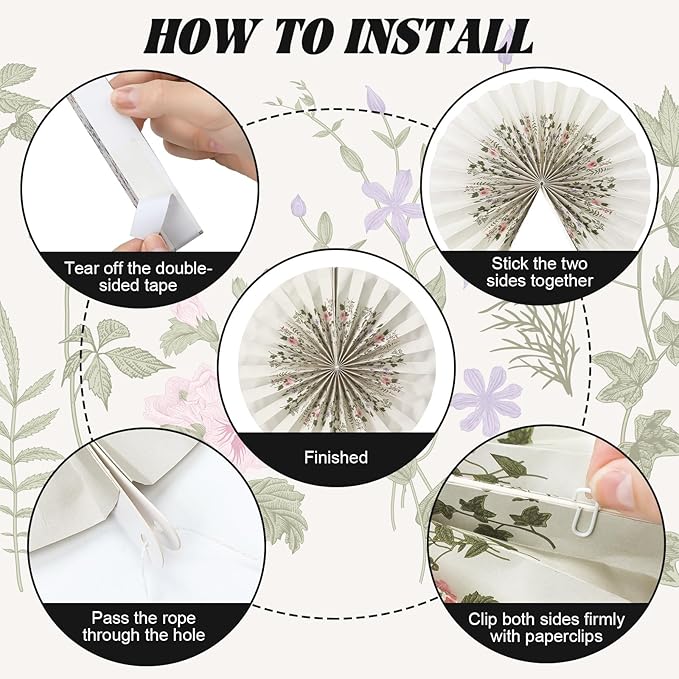 Feifeiya 12 Pcs Antique Herbs and Wild Floral Hanging Paper Fans 8'' 12'' 16'' Botanical Herbs Vintage Wildflower Paper Fans Hanging Ornaments Set for Wedding Birthday Spring Summer Party Decoration