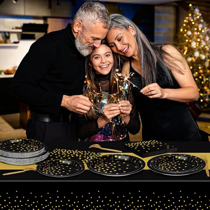 QZYL 122 Pcs Black and Gold Plates and Napkins, Black Plates Disposable for Party, Golden Birthday Tableware Serves 30, Gold Dots Retirement Party Supplies with Plate, Napkin, Fork and Tablecloth