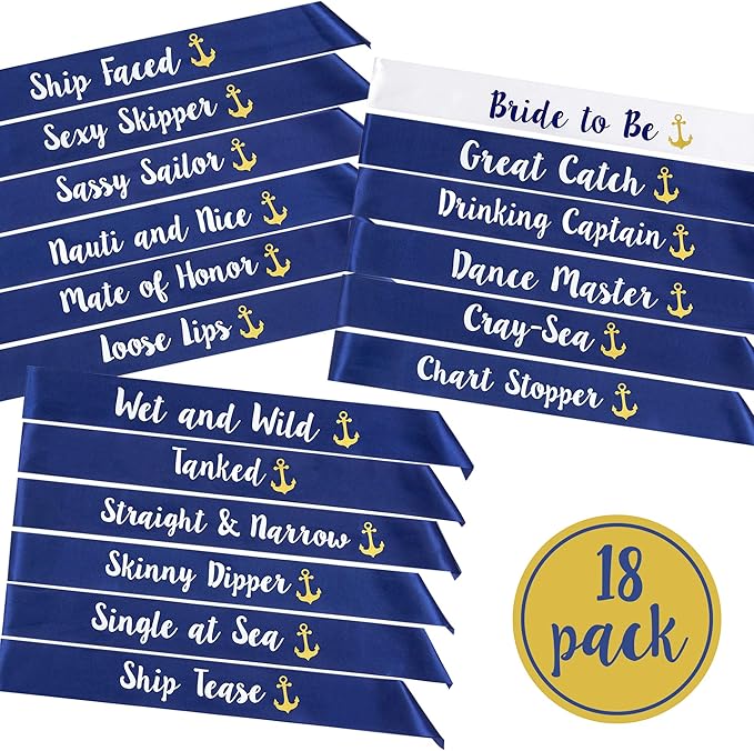 “Last Sail Before The Veil” Bachelorette Sashes | 18 Pack | 1 Bride to be Sash and 17 Bride Tribe Sashes with Fun Nautical Phrases