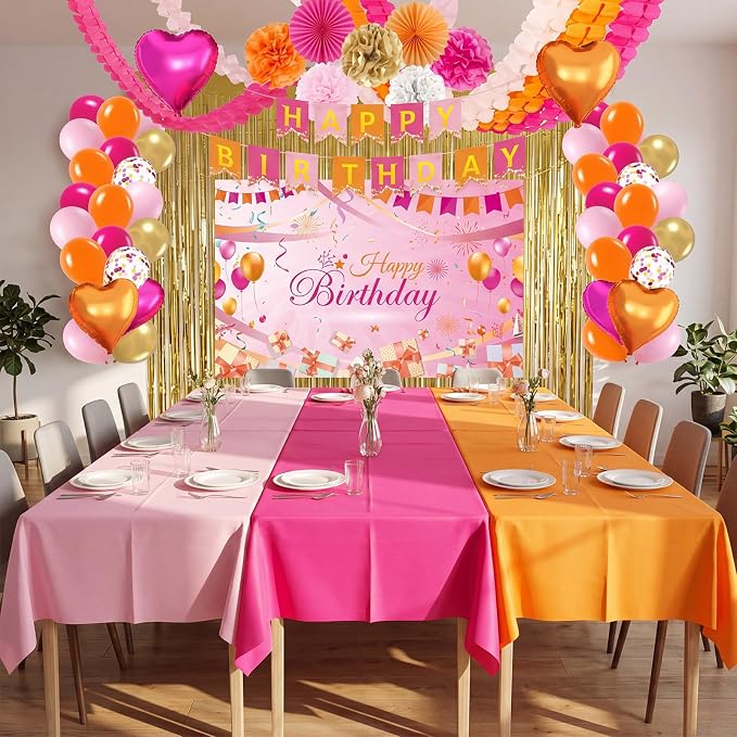 Huwena Pink and Orange Party Decorations Hot Pink and Orange Birthday Decorations with Banner Balloons Garlands Heart Foil Paper Flowers Paper Fans Fringe Curtains Tablecloths Backdrop for Women Girls