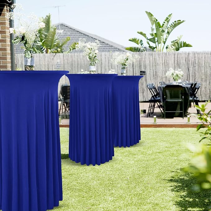 6 Packs Round Cocktail Table Skirt 32"x 43" Spandex Stretch Cocktail Tablecloth with Wavy Drapes, Royal Blue Spandex Fitted High Top Table Covers for Wedding Bar Party Birthday Banquet Tables