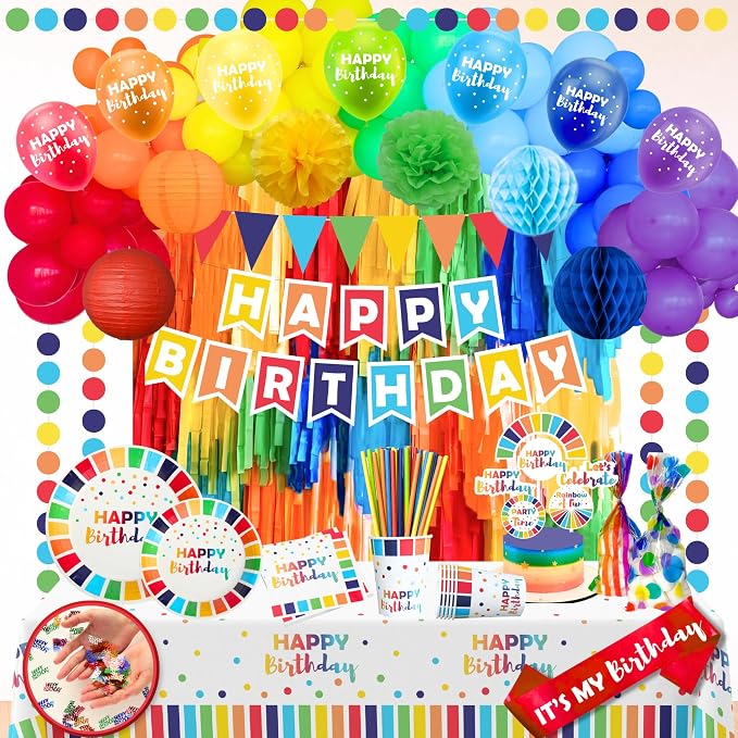 489 Pc Rainbow & Colorful Birthday Party Decorations Kit 25 Guests | Rainbow balloon arch, banner, tableware, cake toppers & sash; reusable, indoor/outdoor party kit for boys & girls, serves 25