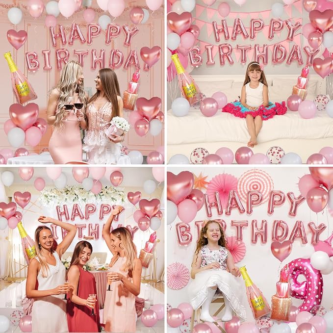 Rose Gold Happy Birthday Decorations for Women Pink and Rose Gold Biirthday Balloons Letters Banner with Heart-Shaped Champagne Bottle Lipstick Balloons Rose Petals for Room Birthday Party Decor
