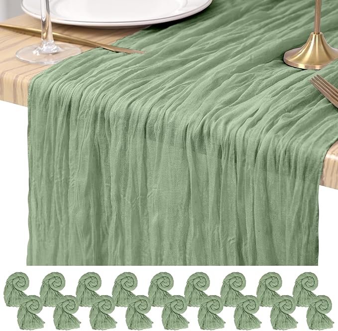 18 Pack Cheesecloth Table Runner Sage Green 10Ft Rustic Boho Gauze Table Runner Romantic Long Sheer Fabric Cheesecloth Table Runner for Wedding Festival Birthday Anniversary Dinner Outdoor Events