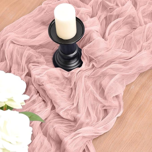 Joanlody Dusty Rose Cheesecloth Table Runner Spring Summer 10Ft Rustic Gauze Boho Cheese Cloth Table Runner for Wedding Bridal Baby Shower Decoration 4 Pack
