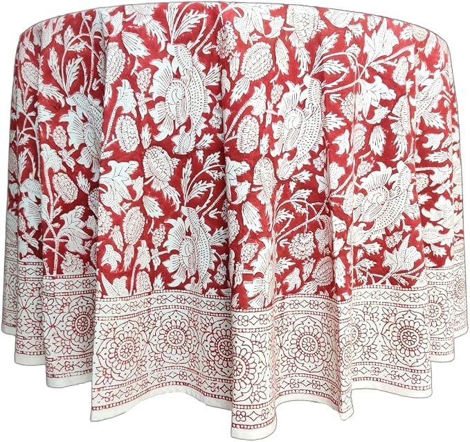 ATOSII Meraki Red 100% Cotton Round Tablecloth, Handblock Print Floral Table Cloth for Kitchen Dining Linen I Parties, Weddings, Outdoors I 72" Inches Round