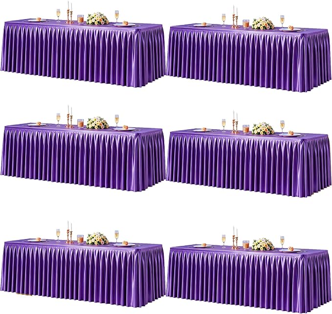 6 Packs Purple Satin Tablecloths Rectangle 8FT, Glitter Spandex Fitted Stretch Table Covers Wrinkle-Free Floor Length Shimmer Table Skirt for Weddings Parties Baby Shower Banquets Vendor Events