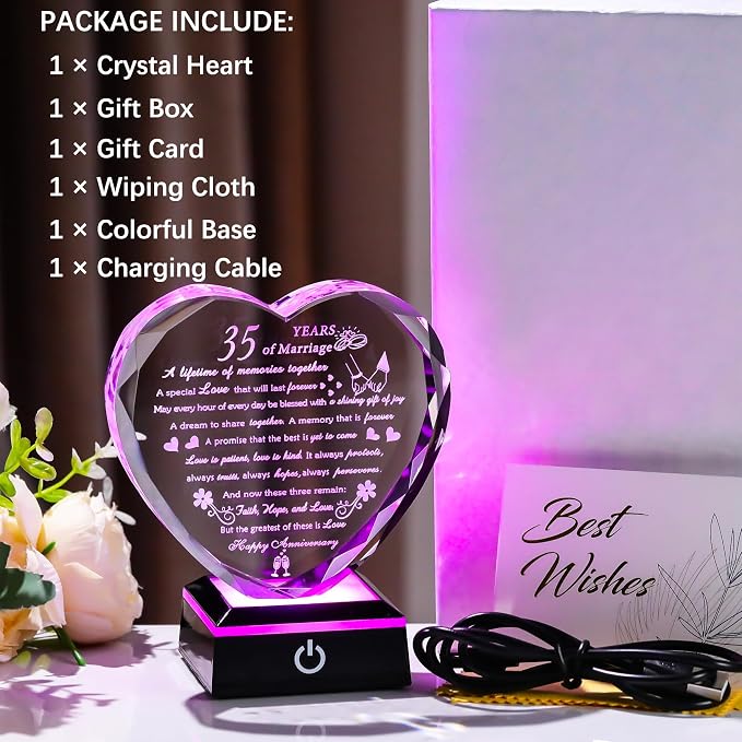 35th Wedding Anniversary Crystal Gifts for Couples Parents with Colorful LED Base, Happy 35th Anniversary Keepsake Gifts for Her Him, Romantic 35 Years of Marriage Heart Gift for Wife Husband