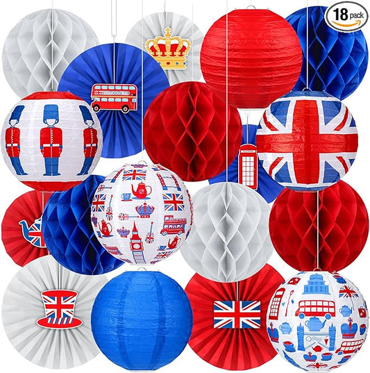 Retisee 18 Pcs British Party Decorations Britain UK England Flag Hanging Paper Lanterns Red White Blue Honeycomb Fans Honeycomb Ball for Hanging Coronation Union Jack Party Decoration