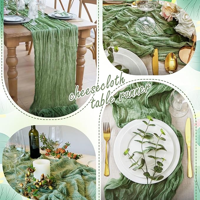 8 Pack Sage Green Cheesecloth Table Runner 10FT Long Boho Gauze Fabric Table Runner Vintage Rustic Sheer Runners for Wedding Party Bridal Baby Shower Table Decorations