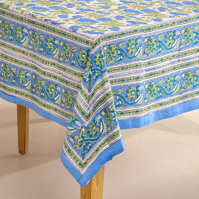 Hand Block Printed Tablecloth, Colorful Floral Print, Indian Artisan Handmade Art, Dining Room, Kitchen, Outdoor Décor, (Dusky Leaf Whisper, 8 Seater 72 x 108 Inches Rectangle)
