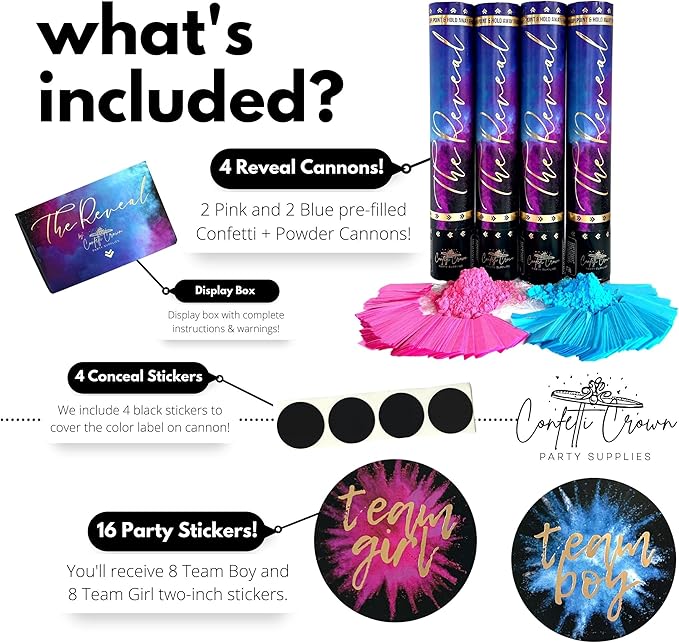 Confetti Crown Baby Gender Reveal Confetti Powder Cannon | 12” [PACK OF 4] 2 Pink & 2 Blue - 100% Biodegradable Confetti & Powder Smoke (Pink/Blue)