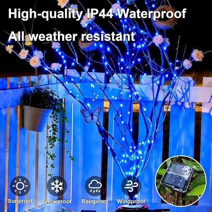 QITONG 4 Pack Solar Fairy Lights, Each 33ft 100 LED Blue Christmas String Light Outdoor Waterproof, 8 Modes Silver Wire Twinkle Mini Lights
