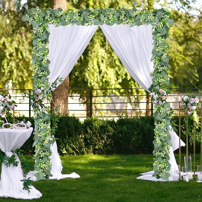 SOMYTING Eucalyptus Garland, 2 Packs 5.9FT Greenery Garland with Gypsophila Flowers Artificial Faux Silver Dollar Eucalyptus Leaves Fake Vines for Indoor Outdoor Table Mantle Home Party Wedding Decor