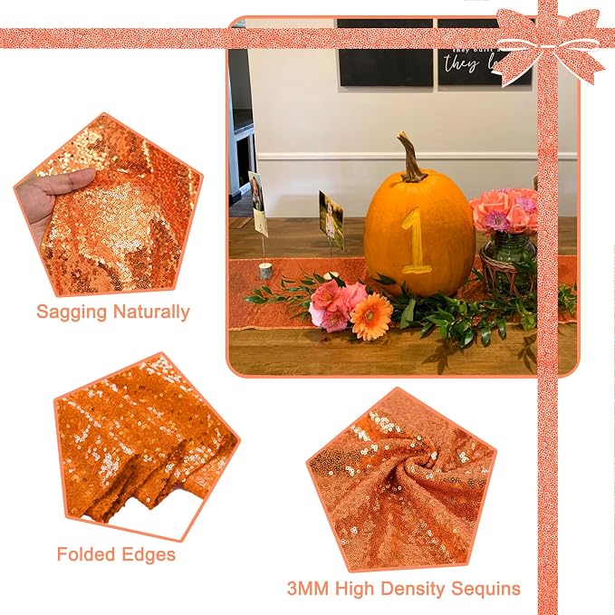 12 Pack Orange Sequin Table Runner 12 x 108 Inch - High Density Sparkly Glitter Table Runners for Thanksgiving Dinner, Halloween Party, Birthday Party, Shimmering Orange Decor