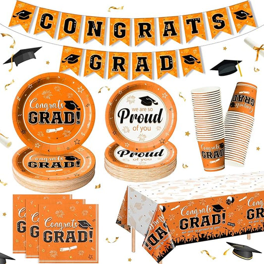 Graduation Plates and Napkins Set Serve 50, Class of 2026 Graduation Party Dinnerware Set, Orange Disposable Paper Plates Napkins Banner Tablecloth for Graduation Congrats Grad Party Supplies