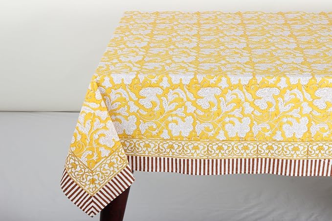 Ridhi Saffron Yellow Hand Block Print Cotton Rectangle Tablecloth 102" x 48" inches Reusable Table Cover Decorative Everyday Use for Dining Room, Farmhouse, Home Gift for Spring, Mother's Day