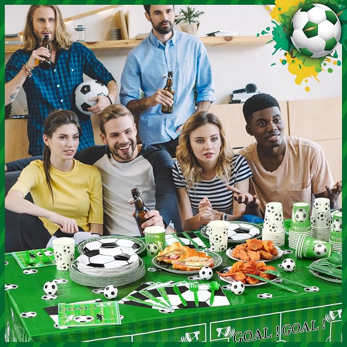 Potchen 452 Pcs Party Supplies Serve 50 Guests, Paper Plates Napkins Cups Cutlery Plastic Tablecloth Dinnerware for Birthday Wedding Party Decoration(Green, Soccer)