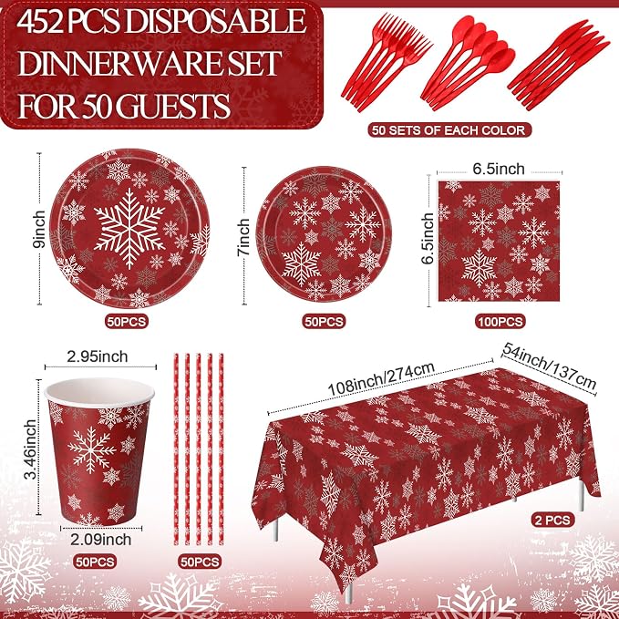 Funnymoom 452 Pcs Christmas Snowflake Party Supplies for 50 Guests, Red White and Sliver Snowflake Paper Plates and Napkins Cups Tablecloth Cutlery Straws for Winter Xmas Birthday Party Decoration