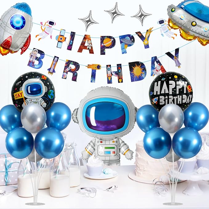 Outer Space Birthday Party Decorations, Space Themed Decor, Spaceship, Rocket, Astronaut Foil Balloon, Happy Birthday Banner, Balloon Stand Kit 2 Sets for Birth day Party Decor Boys