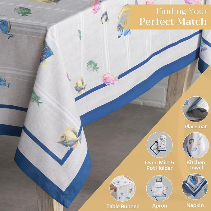 Maison d' Hermine Table Cloth Square Table 100% Cotton 60 x 60 Inches Tablecloth Reusable Decorative for Dining Kitchen Room Farmhouse Party Home Hotel Restaurant Spring Summer - Poisson